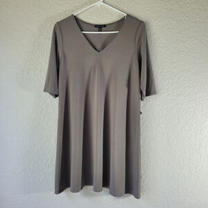 NWOT Eileen Fisher Women Medium Gray Viscose Dress V Neck 3/4 Sleeve Knee-length